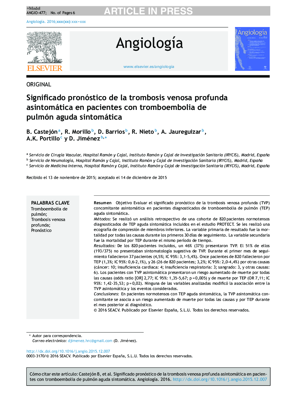 Significado pronóstico de la trombosis venosa profunda asintomática en pacientes con tromboembolia de pulmón aguda sintomática
