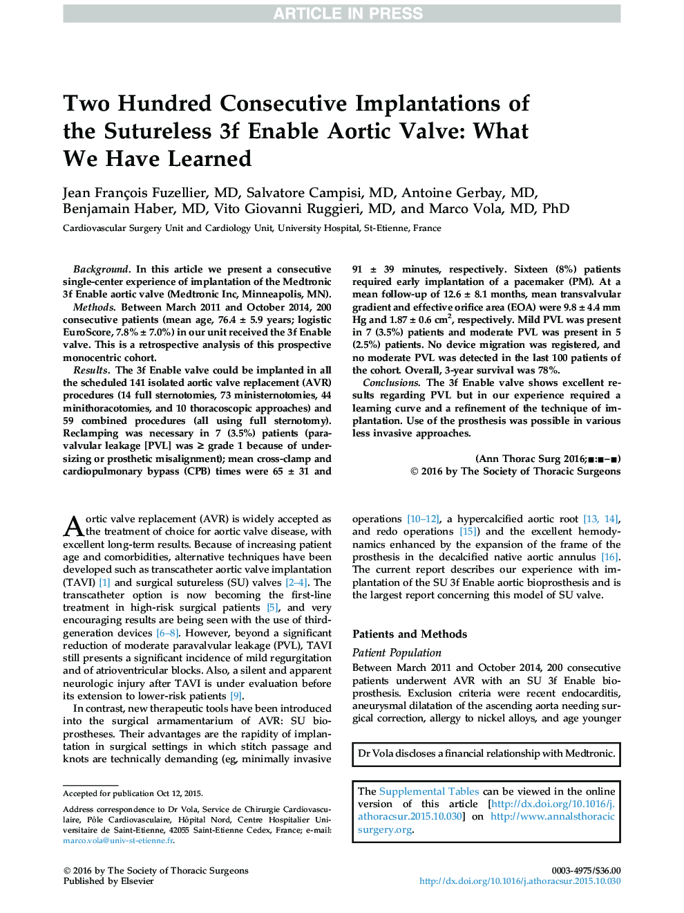 Two Hundred Consecutive Implantations of theÂ Sutureless 3f Enable Aortic Valve: What WeÂ Have Learned