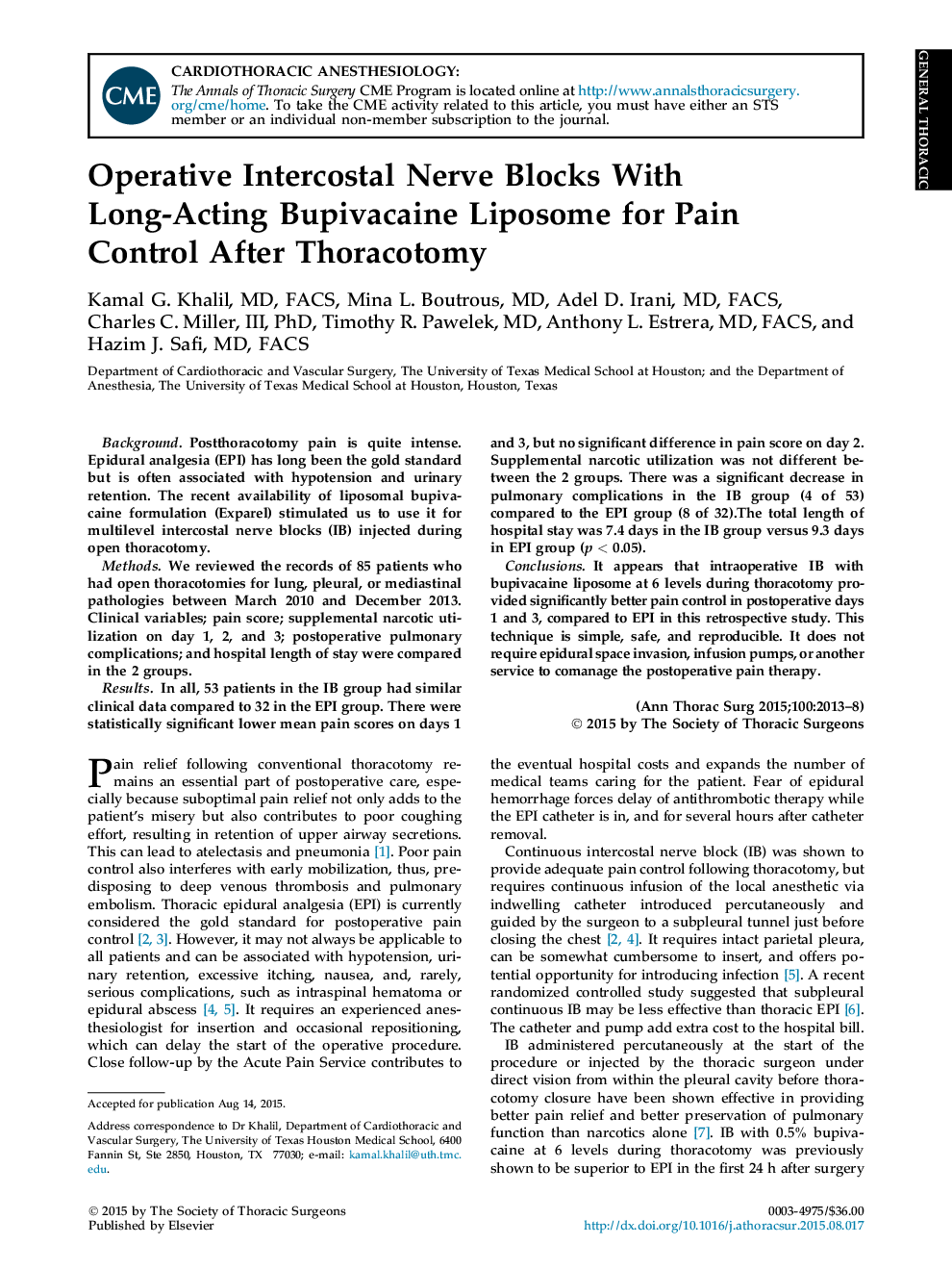 Operative Intercostal Nerve Blocks With Long-Acting Bupivacaine Liposome for Pain ControlÂ After Thoracotomy