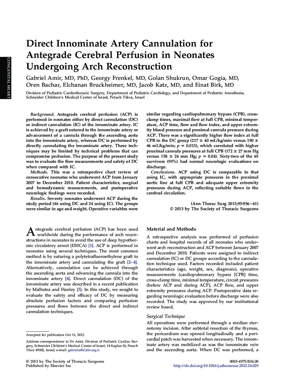 Direct Innominate Artery Cannulation for Antegrade Cerebral Perfusion in Neonates Undergoing Arch Reconstruction