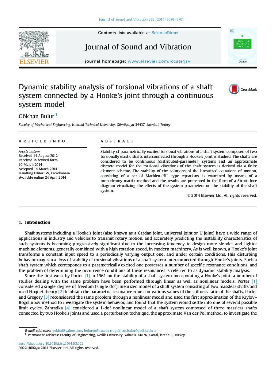 Dynamic stability analysis of torsional vibrations of a shaft system connected by a Hooke׳s joint through a continuous system model
