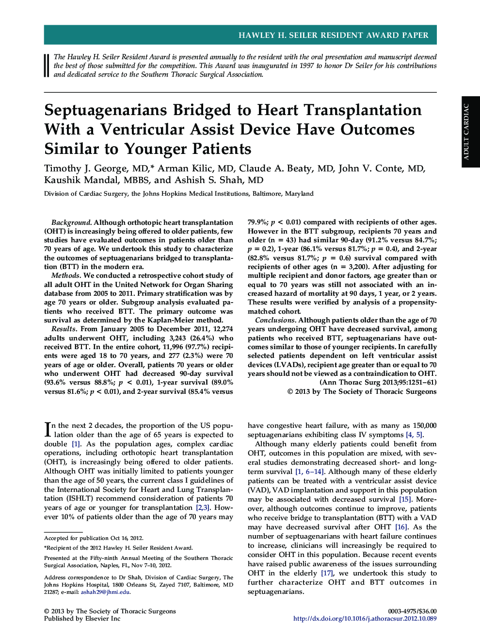 Septuagenarians Bridged to Heart Transplantation With a Ventricular Assist Device Have Outcomes Similar to Younger Patients