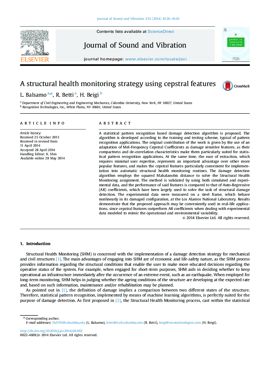 A structural health monitoring strategy using cepstral features