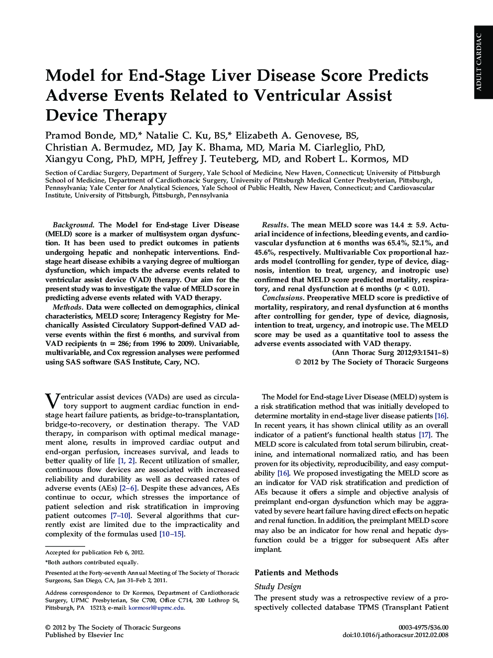Model for End-Stage Liver Disease Score Predicts Adverse Events Related to Ventricular Assist Device Therapy