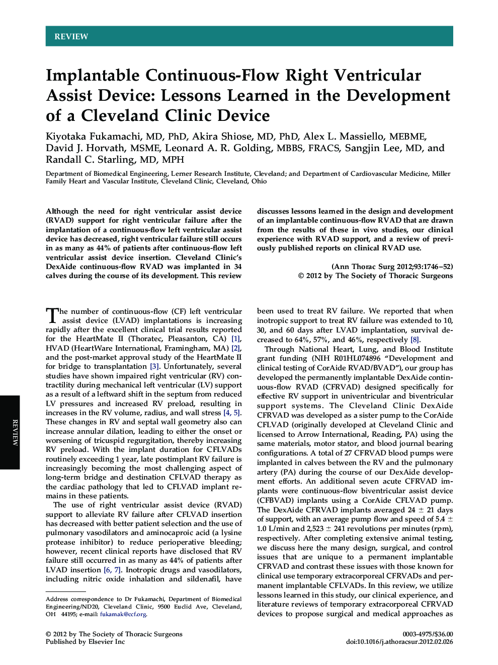 Implantable Continuous-Flow Right Ventricular Assist Device: Lessons Learned in the Development of a Cleveland Clinic Device