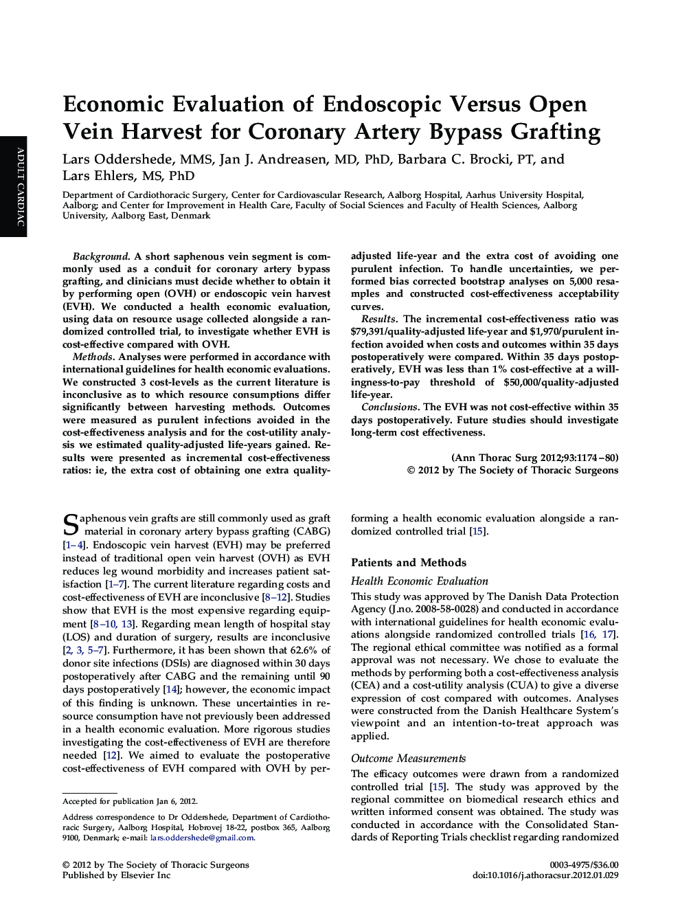 Economic Evaluation of Endoscopic Versus Open Vein Harvest for Coronary Artery Bypass Grafting