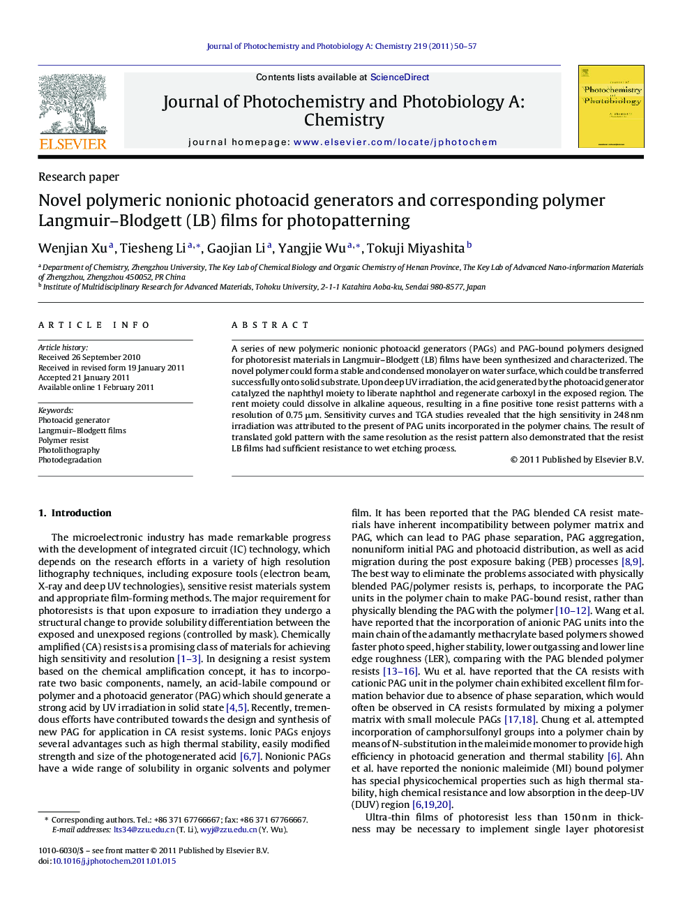 Novel polymeric nonionic photoacid generators and corresponding polymer Langmuir–Blodgett (LB) films for photopatterning