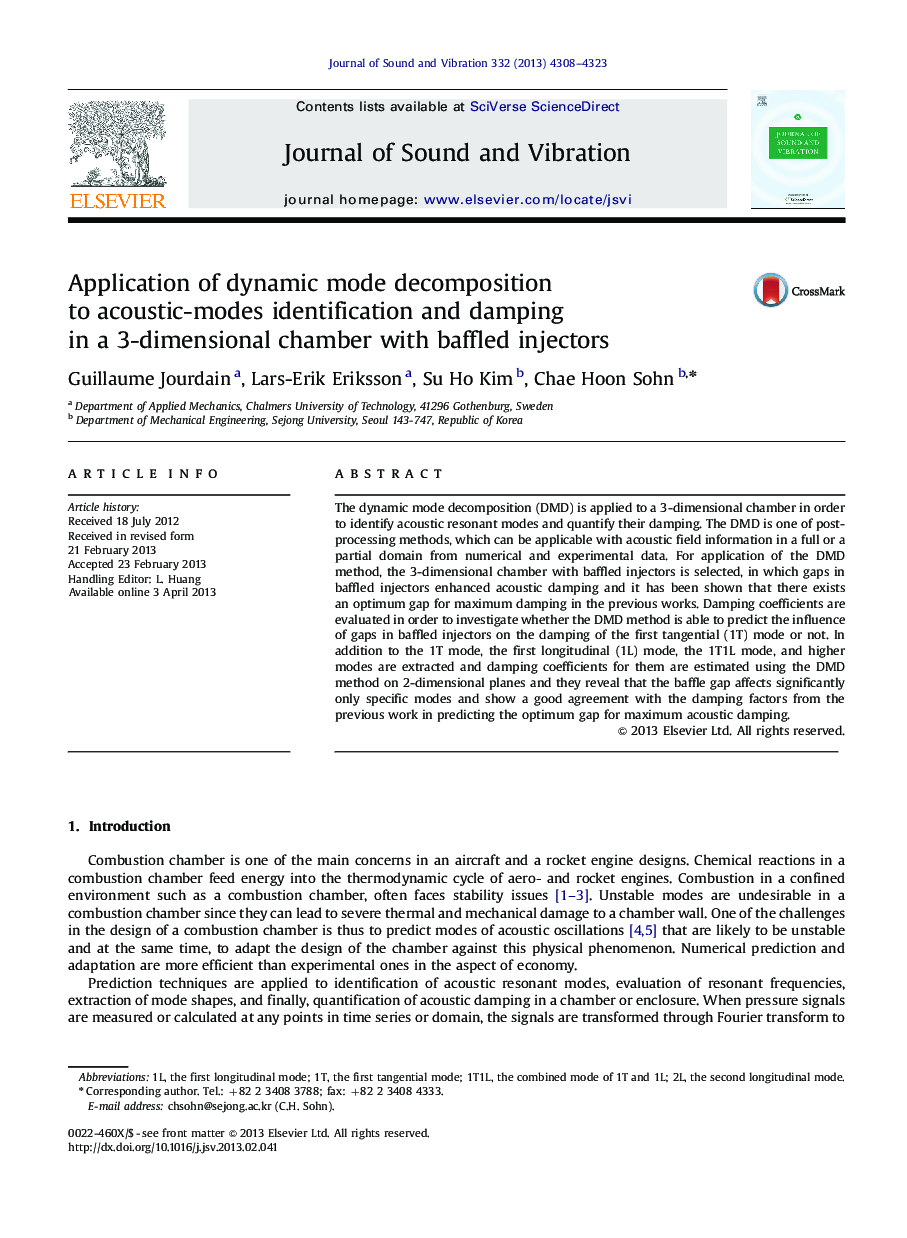 Application of dynamic mode decomposition to acoustic-modes identification and damping in a 3-dimensional chamber with baffled injectors