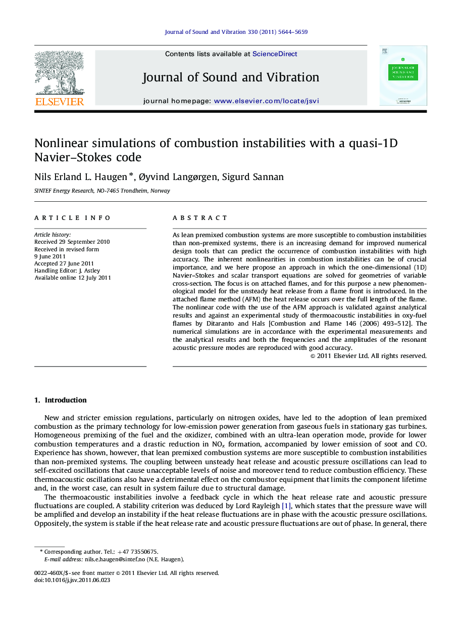 Nonlinear simulations of combustion instabilities with a quasi-1D Navier–Stokes code