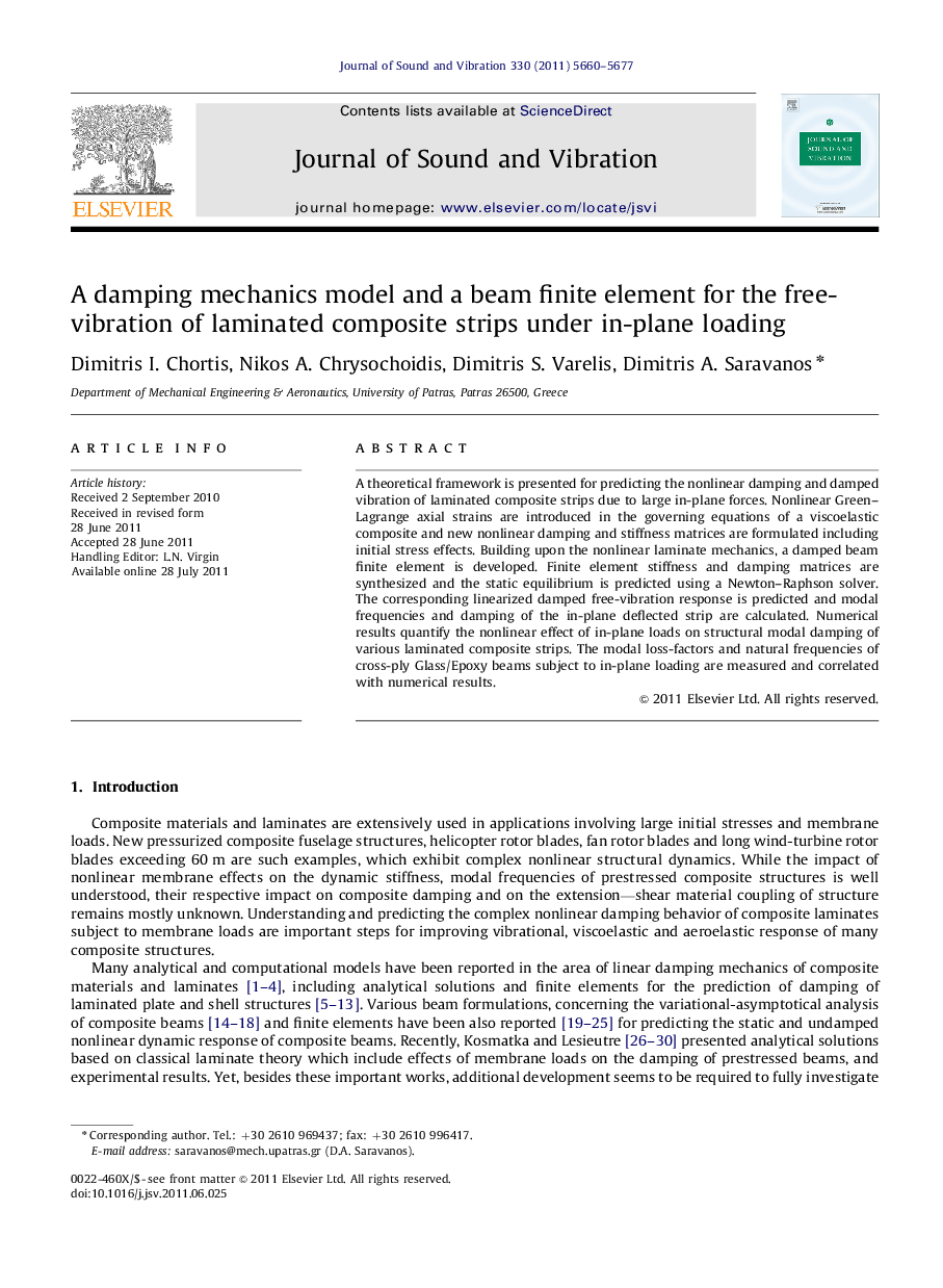 A damping mechanics model and a beam finite element for the free-vibration of laminated composite strips under in-plane loading