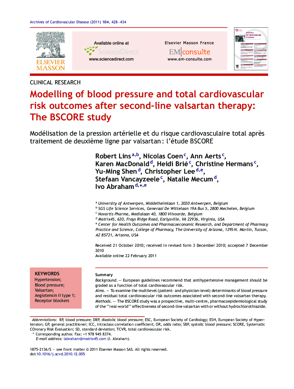 Modelling of blood pressure and total cardiovascular risk outcomes after second-line valsartan therapy: The BSCORE study