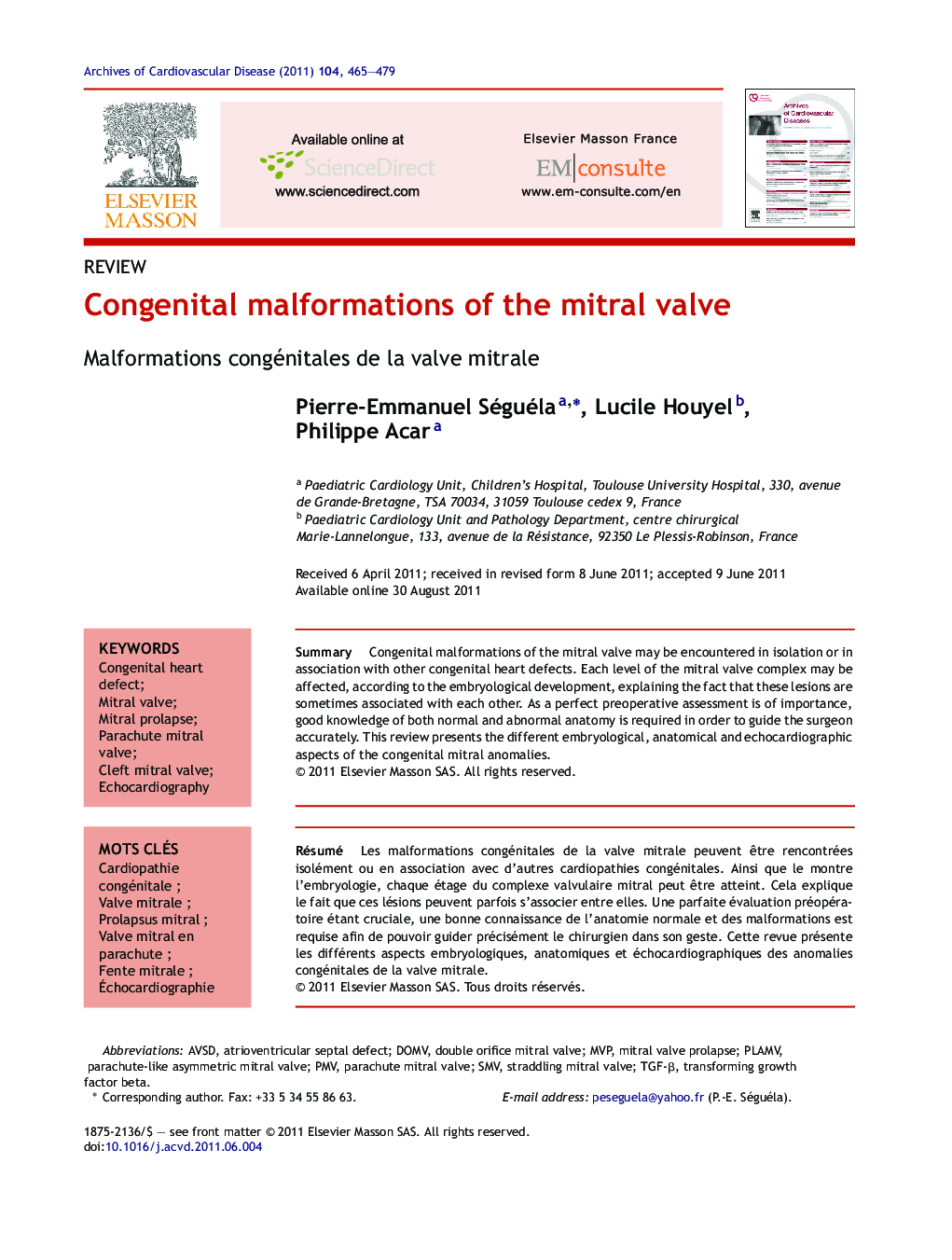 Congenital malformations of the mitral valve