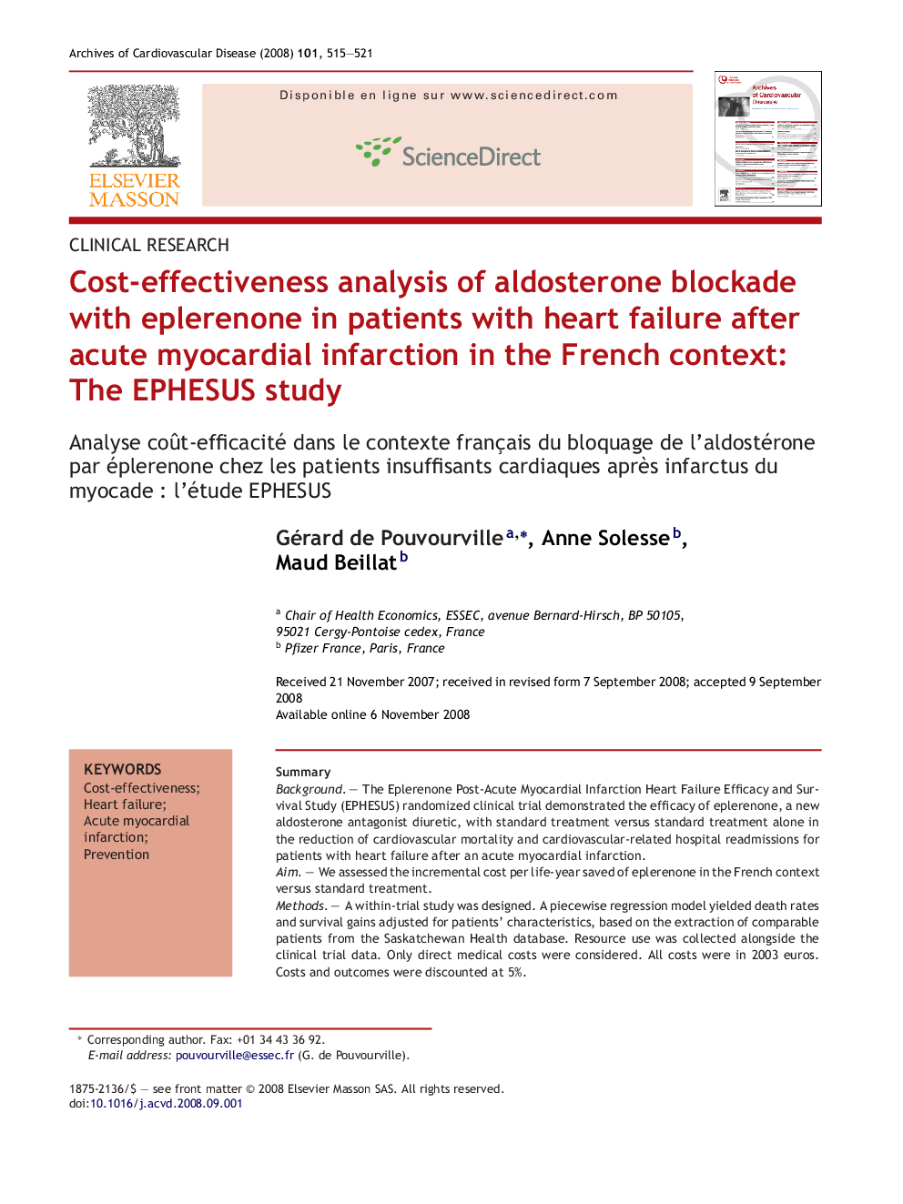 Cost-effectiveness analysis of aldosterone blockade with eplerenone in patients with heart failure after acute myocardial infarction in the French context: The EPHESUS study