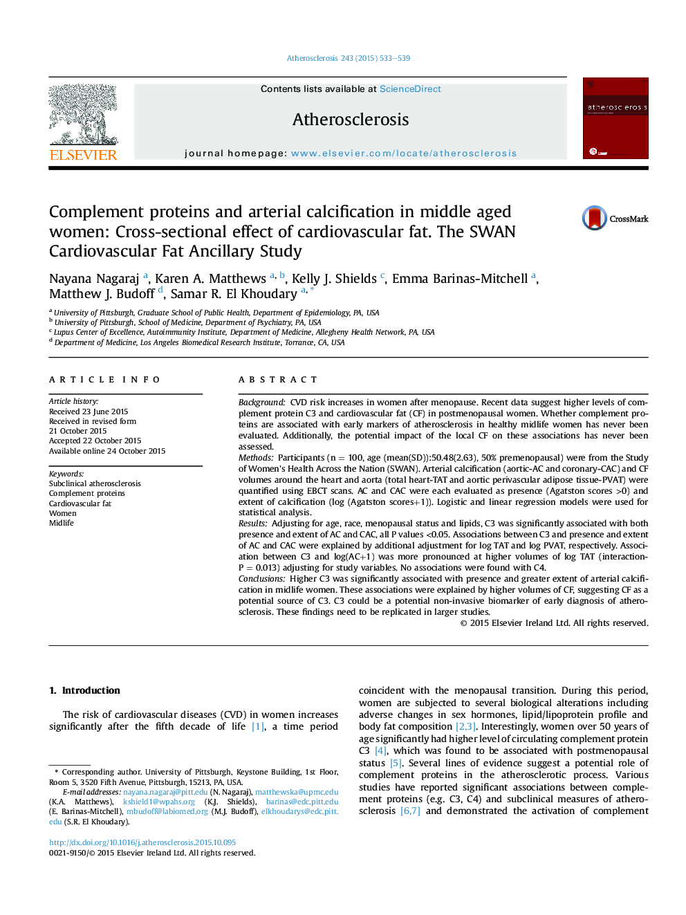 Complement proteins and arterial calcification in middle aged women: Cross-sectional effect of cardiovascular fat. The SWAN Cardiovascular Fat Ancillary Study