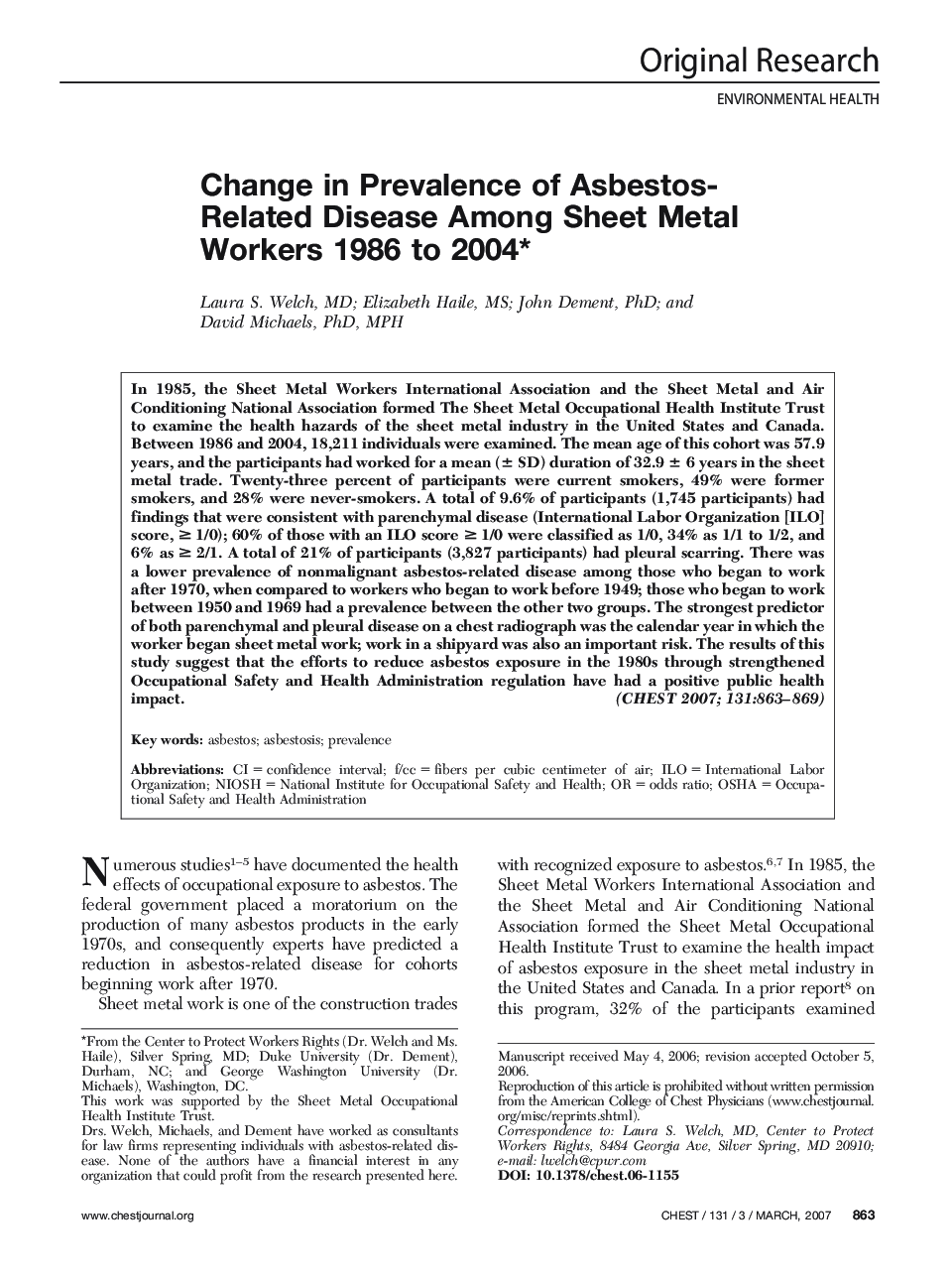 Change in Prevalence of Asbestos-Related Disease Among Sheet Metal Workers 1986 to 2004