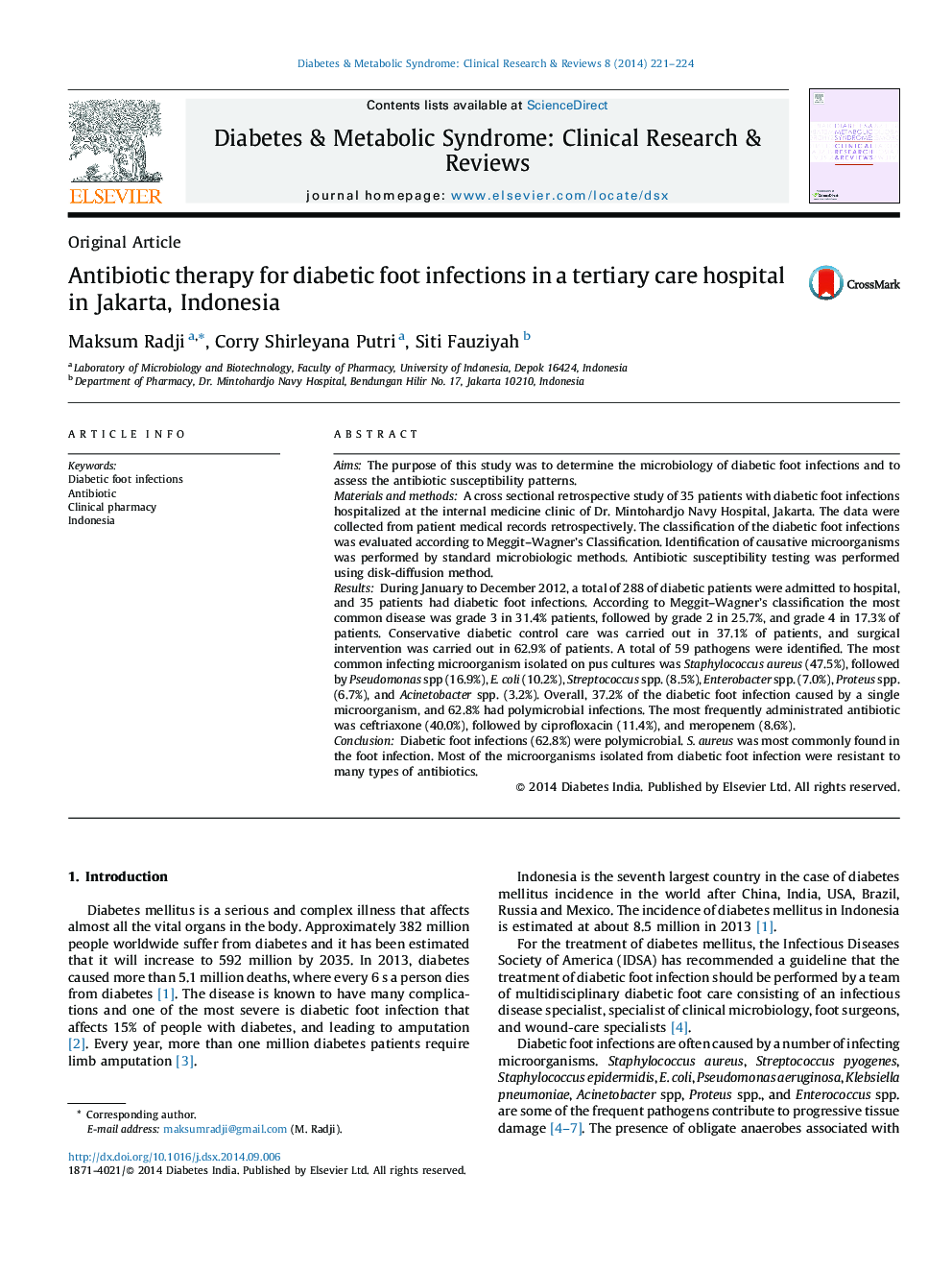 آنتی بیوتیک برای عفونت های پا دیابتی در یک بیمارستان مراقبت های ویژه در جاکارتا، اندونزی 
