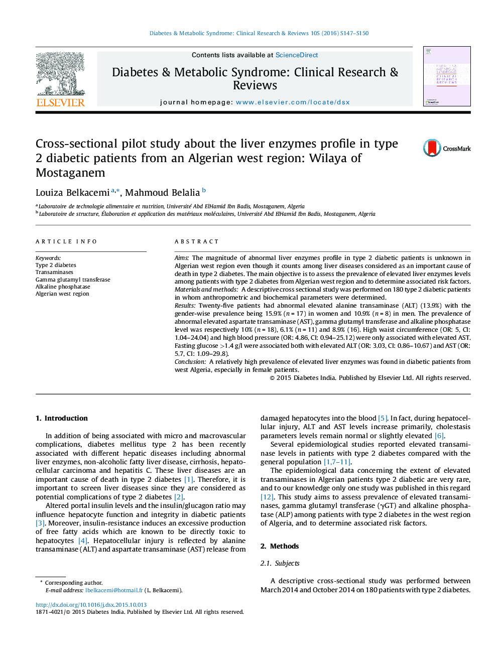مطالعهی آزمایشی مقطعی درباره نمایه آنزیم‌های کبدی در بیماران مبتلا به دیابت نوع 2 از منطقه غرب الجزایر: ویلایای مستغانم