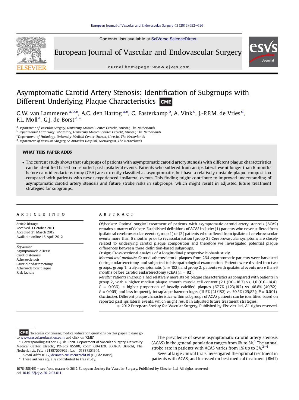 Asymptomatic Carotid Artery Stenosis: Identification of Subgroups with Different Underlying Plaque Characteristics 