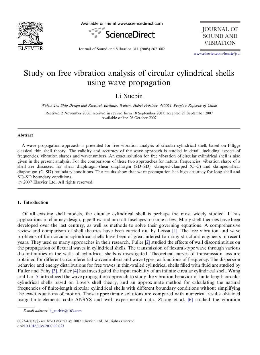 Study on free vibration analysis of circular cylindrical shells using wave propagation