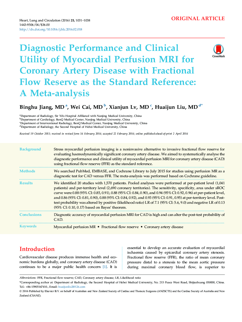 Diagnostic Performance and Clinical Utility of Myocardial Perfusion MRI for Coronary Artery Disease with Fractional Flow Reserve as the Standard Reference: A Meta-analysis