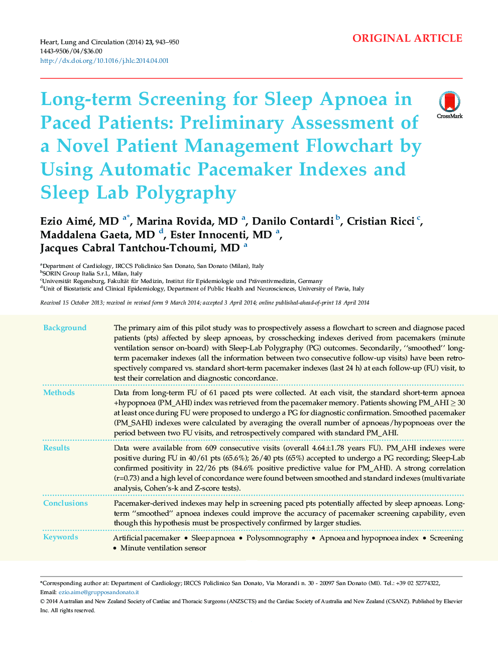 Long-term Screening for Sleep Apnoea in Paced Patients: Preliminary Assessment of a Novel Patient Management Flowchart by Using Automatic Pacemaker Indexes and Sleep Lab Polygraphy