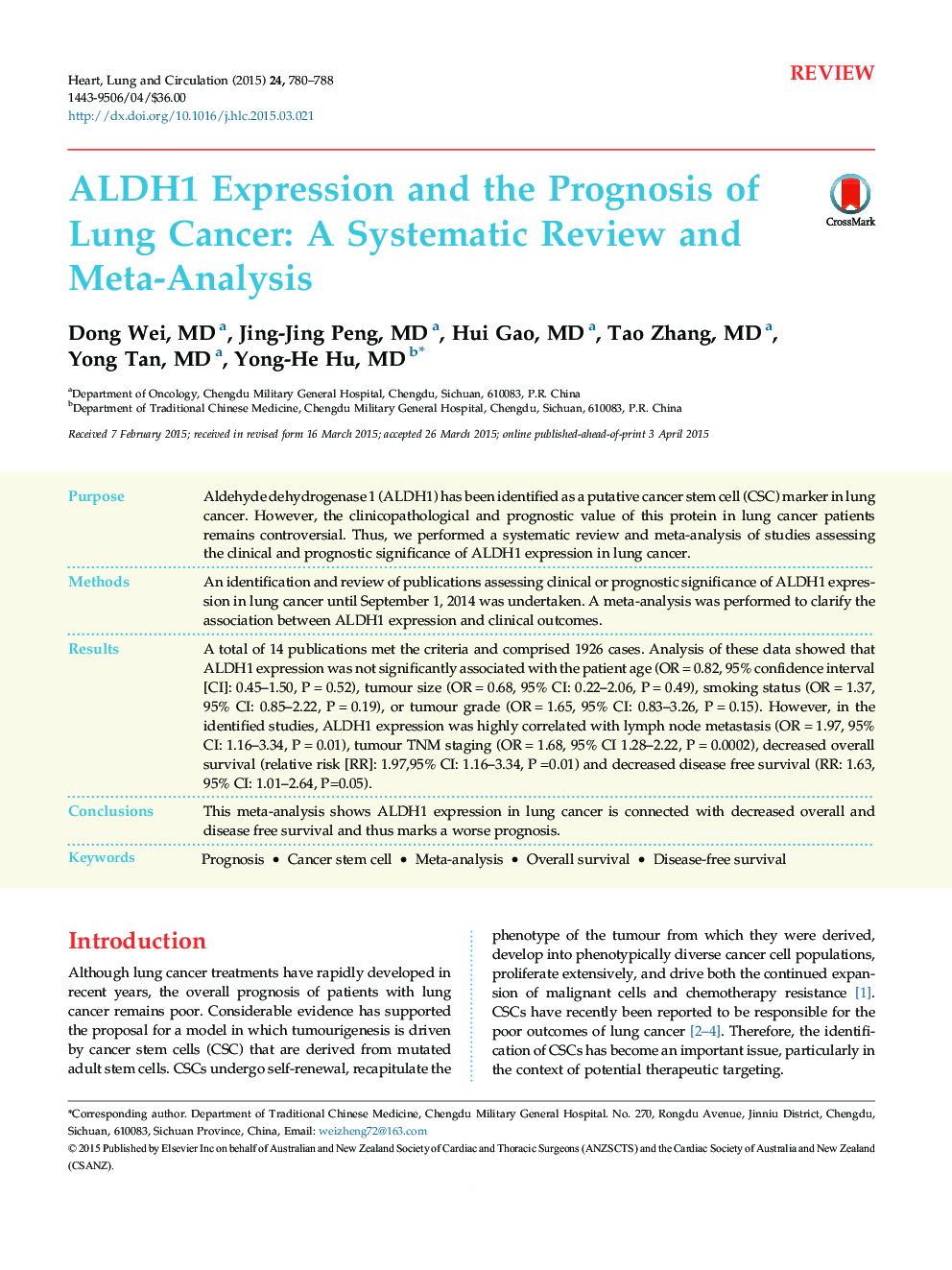 ALDH1 Expression and the Prognosis of Lung Cancer: A Systematic Review and Meta-Analysis