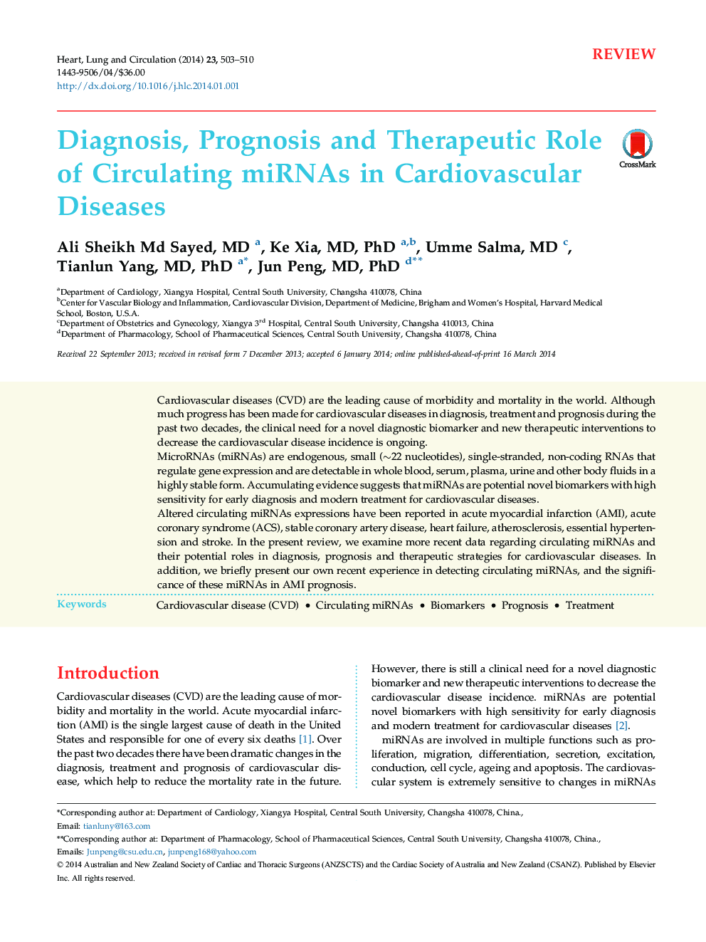Diagnosis, Prognosis and Therapeutic Role of Circulating miRNAs in Cardiovascular Diseases