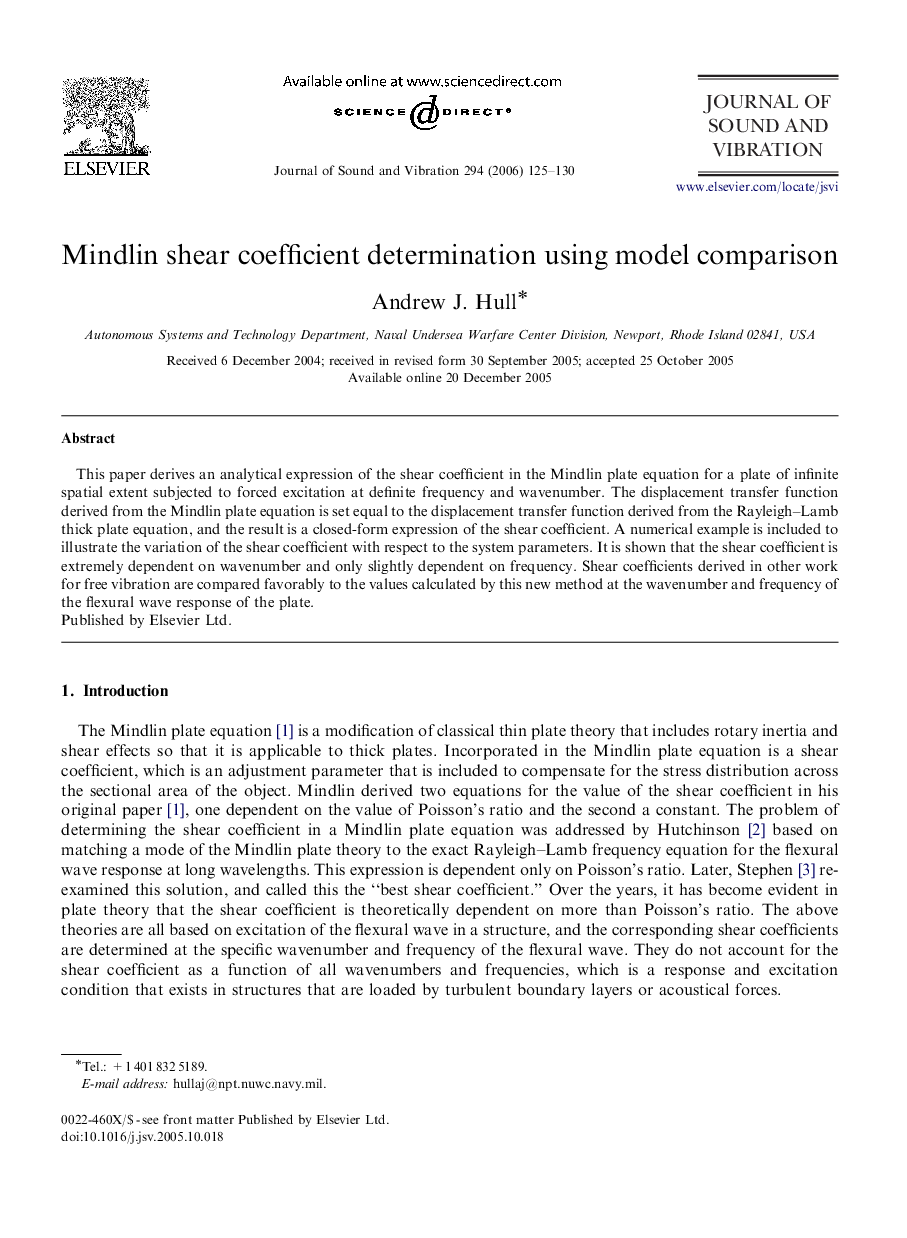 Mindlin shear coefficient determination using model comparison