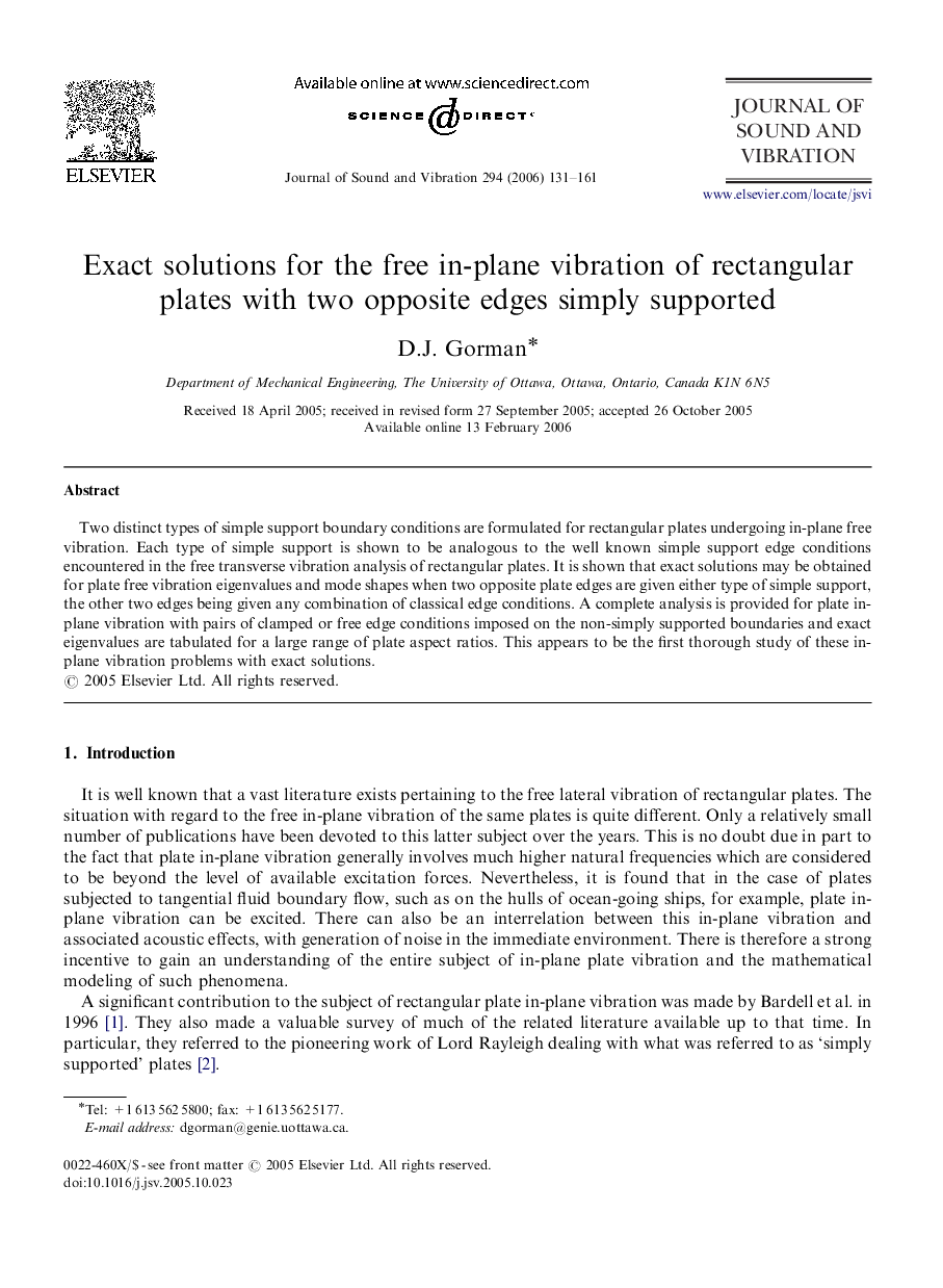 Exact solutions for the free in-plane vibration of rectangular plates with two opposite edges simply supported