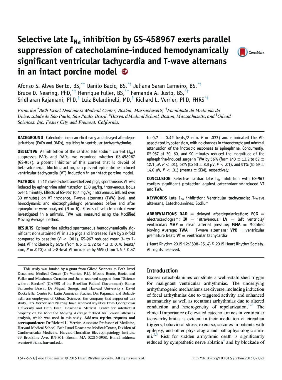 Selective late INa inhibition by GS-458967 exerts parallel suppression of catecholamine-induced hemodynamically significant ventricular tachycardia and T-wave alternans in an intact porcine model 