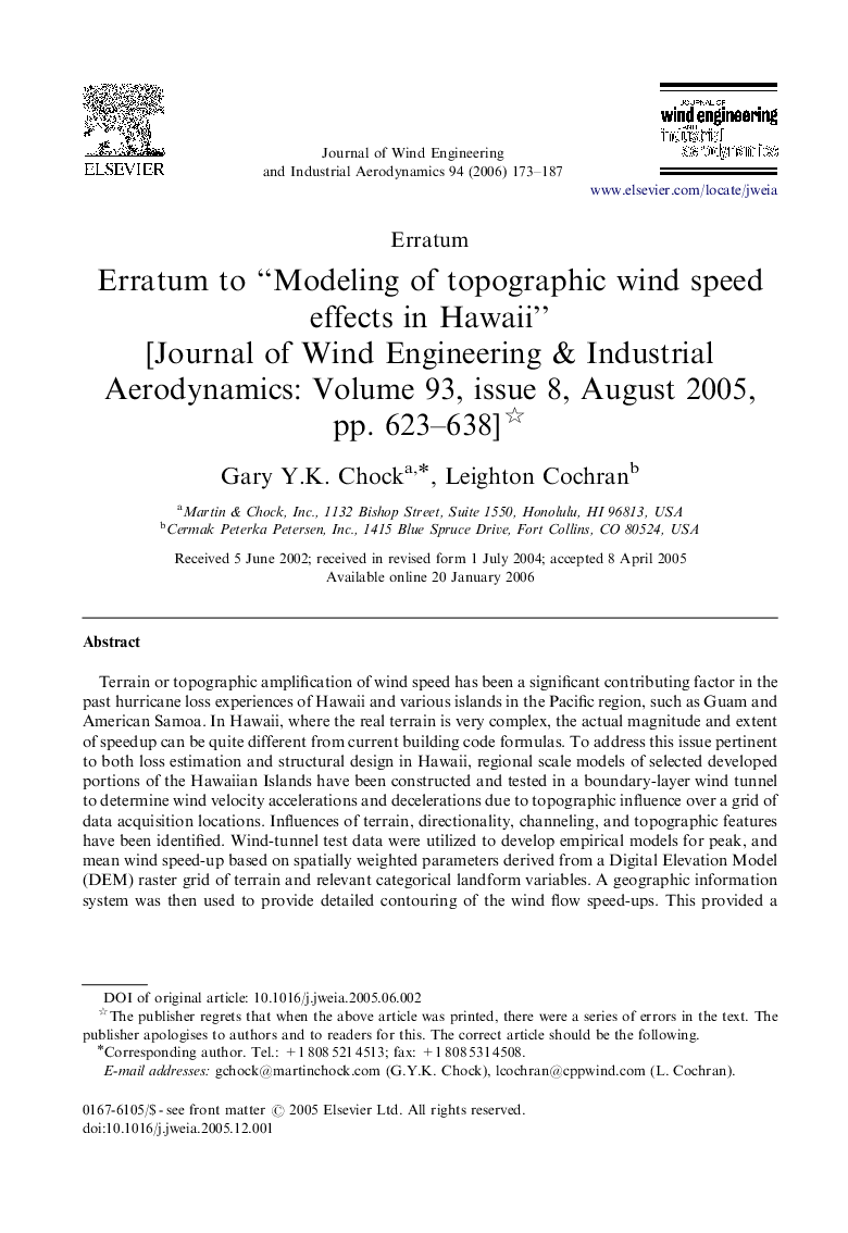 Erratum to “Modeling of topographic wind speed effects in Hawaii” : [Journal of Wind Engineering & Industrial Aerodynamics: Volume 93, issue 8, August 2005, pp. 623–638]