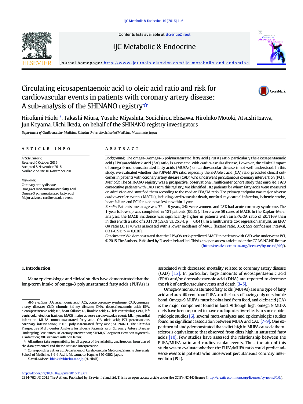 Circulating eicosapentaenoic acid to oleic acid ratio and risk for cardiovascular events in patients with coronary artery disease: A sub-analysis of the SHINANO registry 