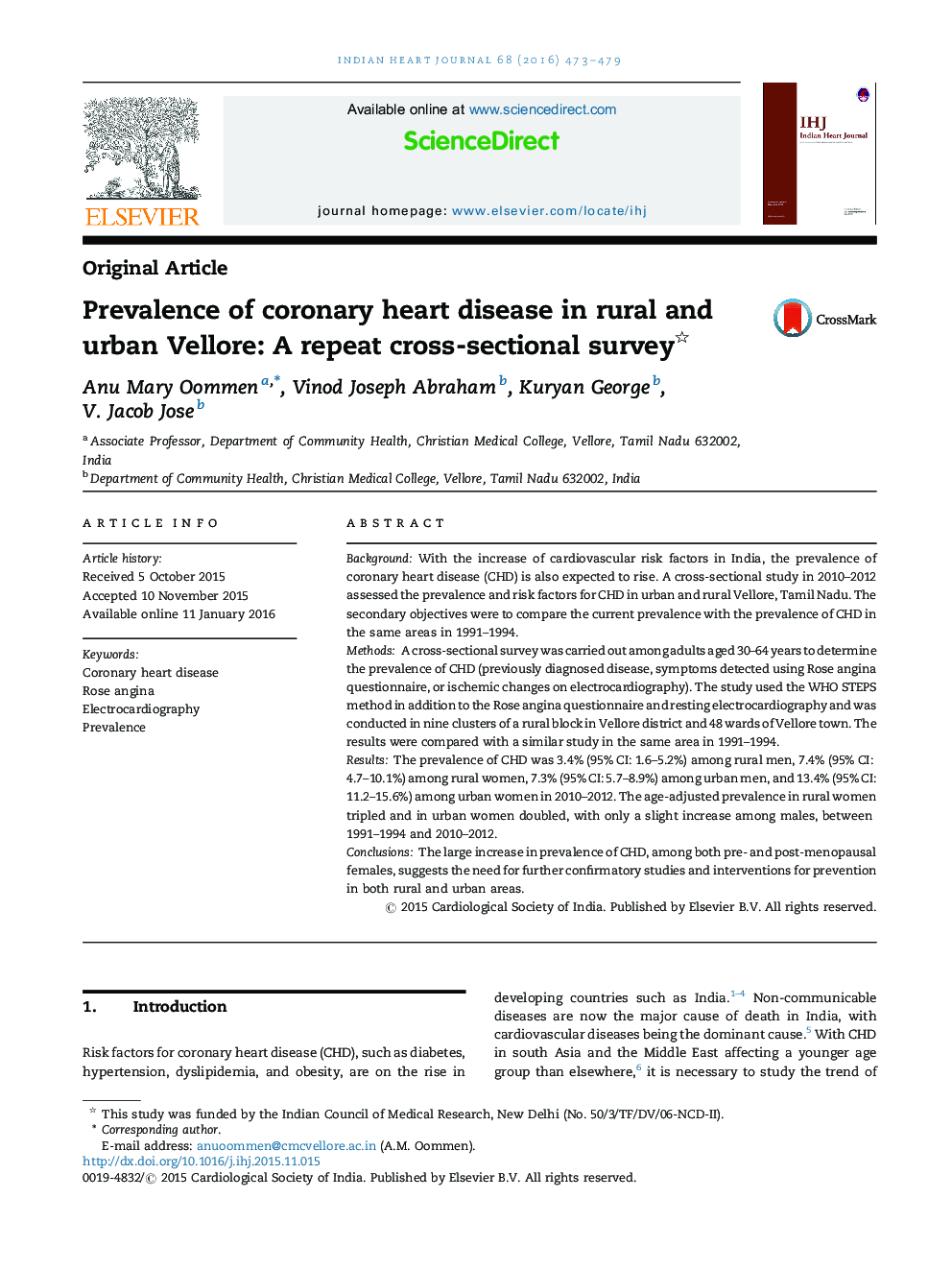 شیوع بیماری عروق کرونر قلب در Vellore شهری و روستایی: بررسی تکرار مقطعی