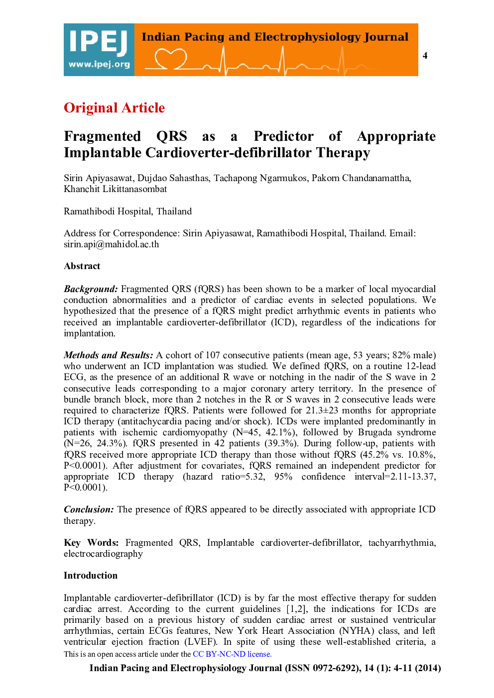 Fragmented QRS as a Predictor of Appropriate Implantable Cardioverter-defibrillator Therapy
