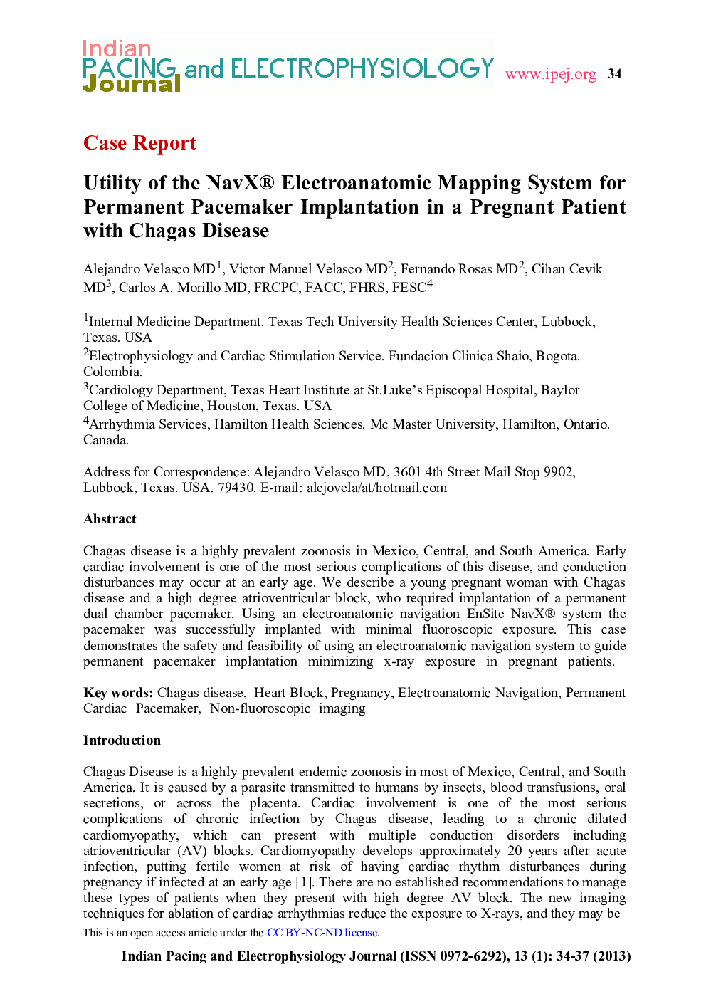 Utility of the NavX® Electroanatomic Mapping System for Permanent Pacemaker Implantation in a Pregnant Patient with Chagas Disease