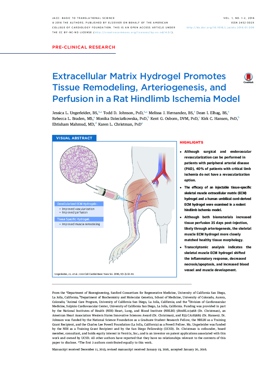 Extracellular Matrix Hydrogel Promotes Tissue Remodeling, Arteriogenesis, and Perfusion in a Rat Hindlimb Ischemia Model 
