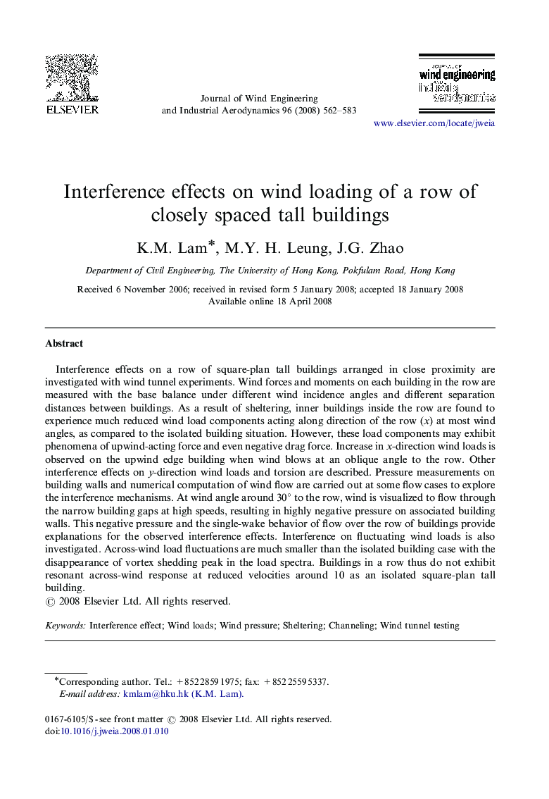Interference effects on wind loading of a row of closely spaced tall buildings