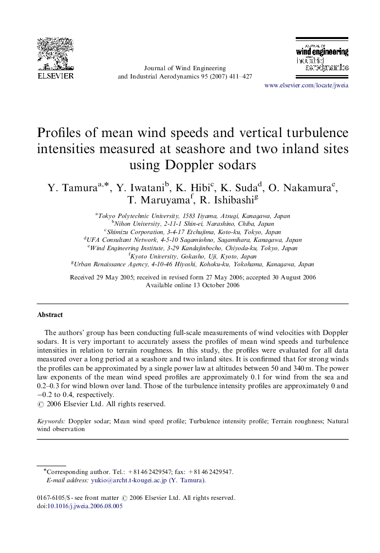 Profiles of mean wind speeds and vertical turbulence intensities measured at seashore and two inland sites using Doppler sodars