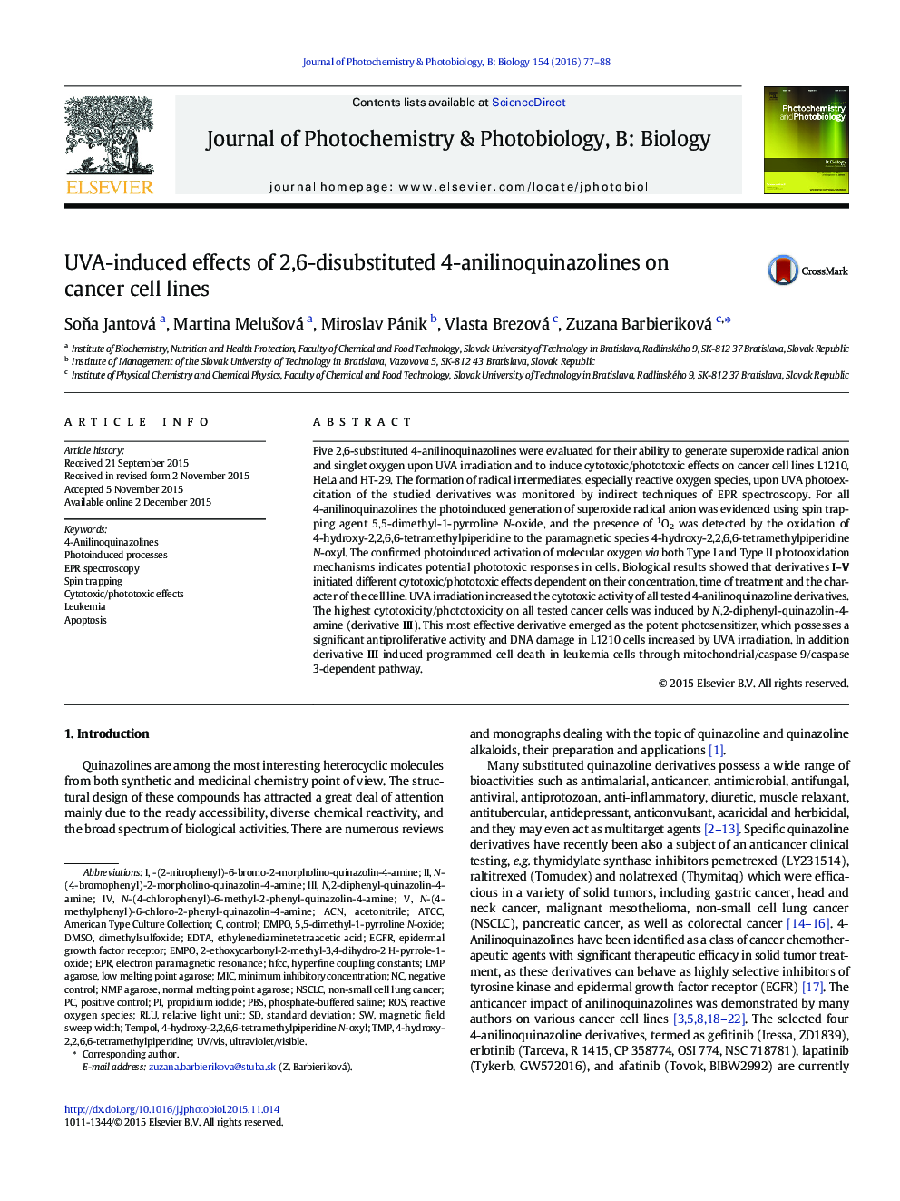 UVA-induced effects of 2,6-disubstituted 4-anilinoquinazolines on cancer cell lines