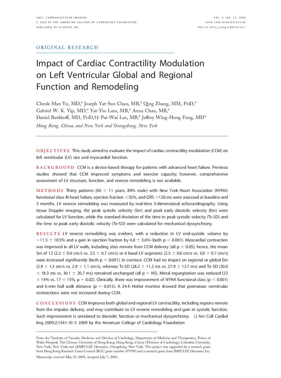 Impact of Cardiac Contractility Modulation on Left Ventricular Global and Regional Function and Remodeling 