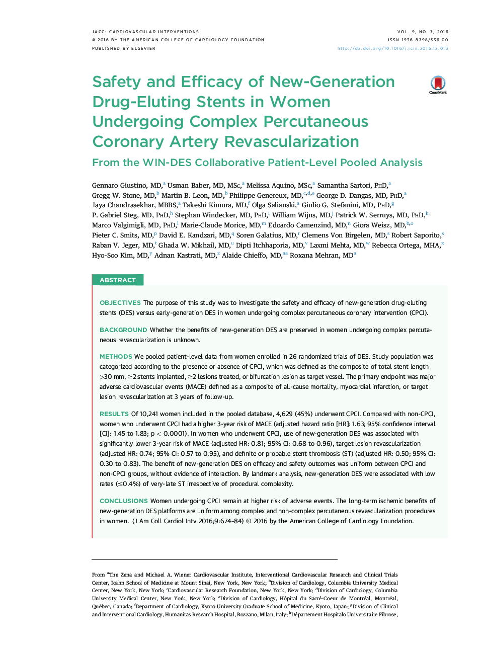 Safety and Efficacy of New-Generation Drug-Eluting Stents in Women Undergoing Complex Percutaneous Coronary Artery Revascularization : From the WIN-DES Collaborative Patient-Level Pooled Analysis