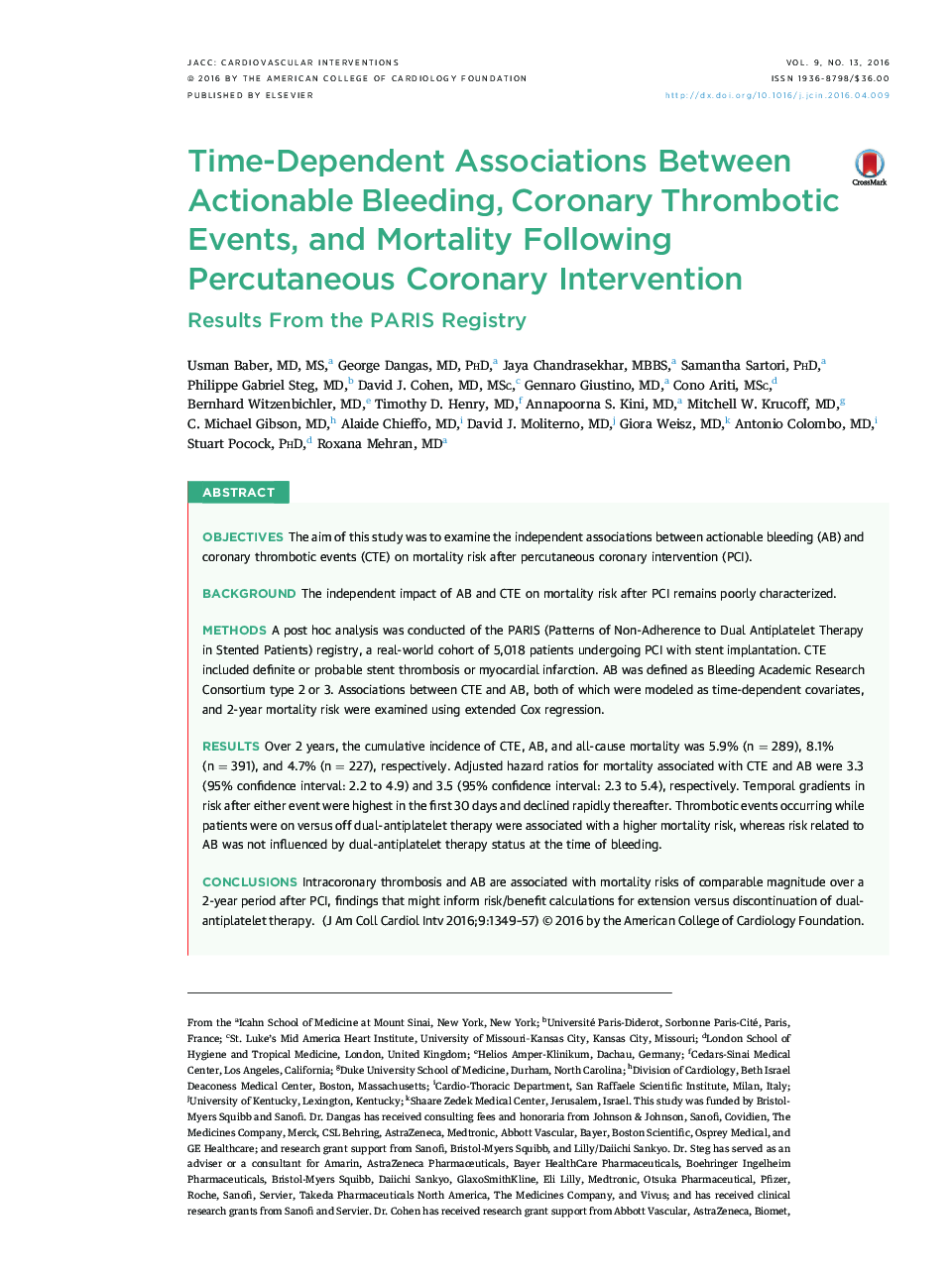 Time-Dependent Associations Between Actionable Bleeding, Coronary Thrombotic Events, and Mortality Following Percutaneous Coronary Intervention : Results From the PARIS Registry