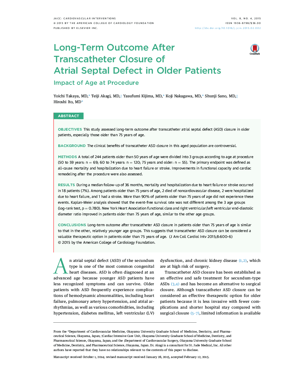 Long-Term Outcome After Transcatheter Closure of Atrial Septal Defect in Older Patients : Impact of Age at Procedure