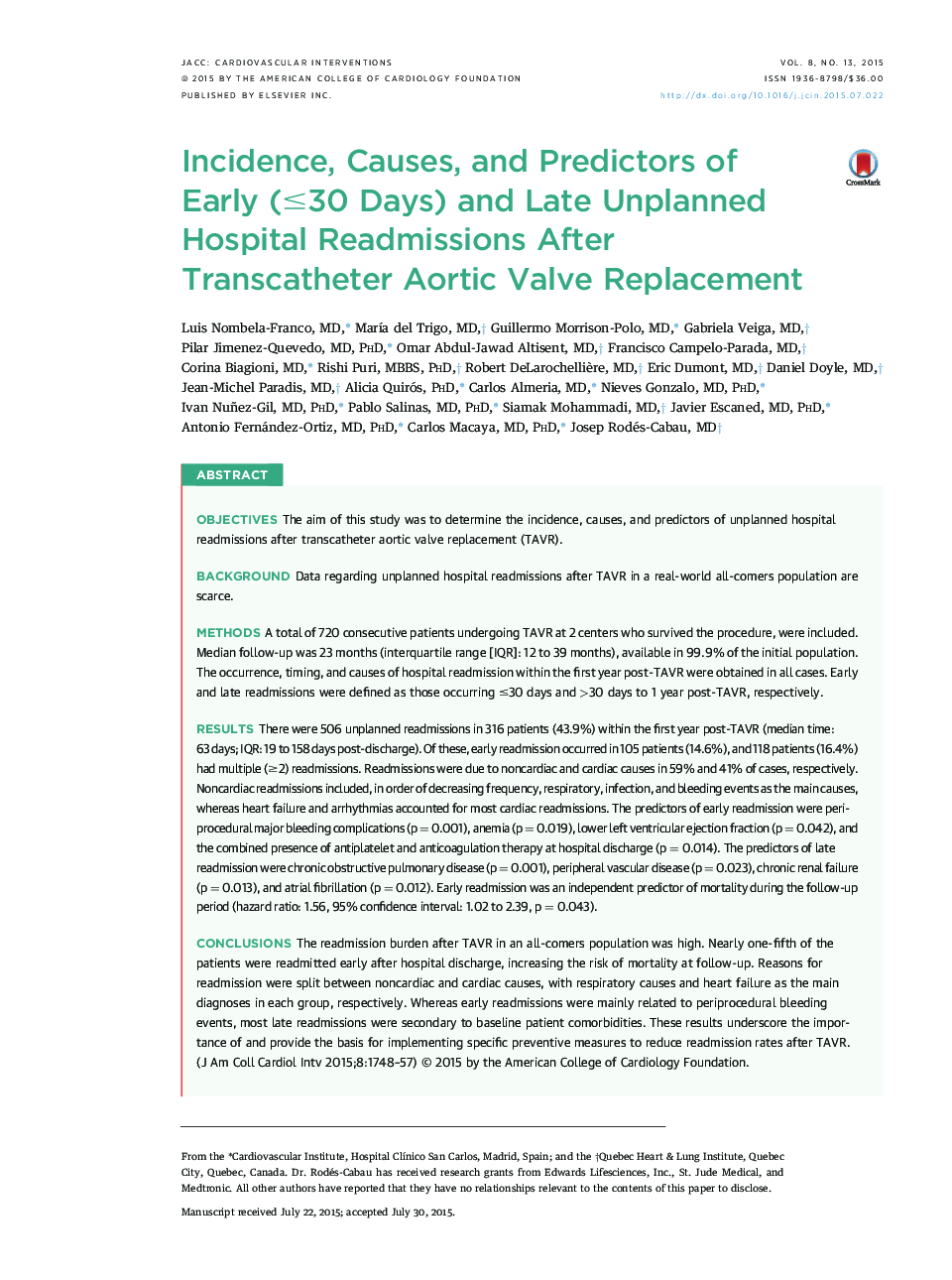 Incidence, Causes, and Predictors of Early (≤30 Days) and Late Unplanned Hospital Readmissions After Transcatheter Aortic Valve Replacement 