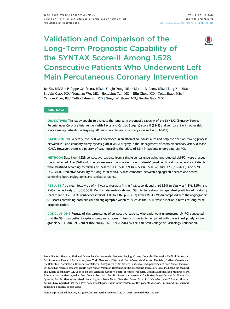 Validation and Comparison of the Long-Term Prognostic Capability of the SYNTAX Score-II Among 1,528 Consecutive Patients Who Underwent Left Main Percutaneous Coronary Intervention 