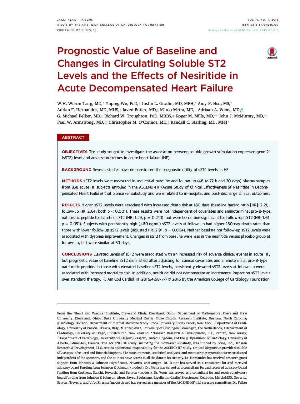 Prognostic Value of Baseline and Changes in Circulating Soluble ST2 Levels and the Effects of Nesiritide in Acute Decompensated Heart Failure 