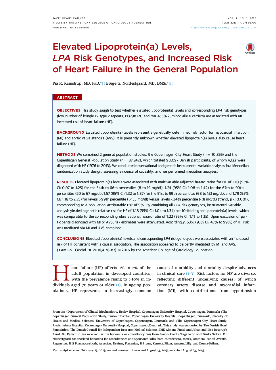 Elevated Lipoprotein(a) Levels, LPA Risk Genotypes, and Increased Risk of Heart Failure in the General Population 