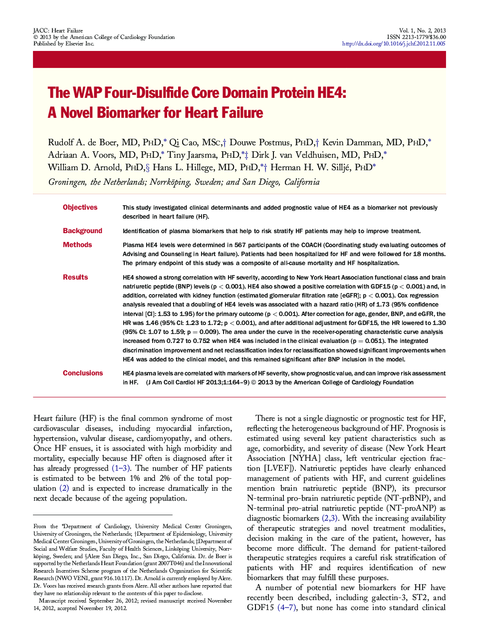 The WAP Four-Disulfide Core Domain Protein HE4: A Novel Biomarker for Heart Failure 