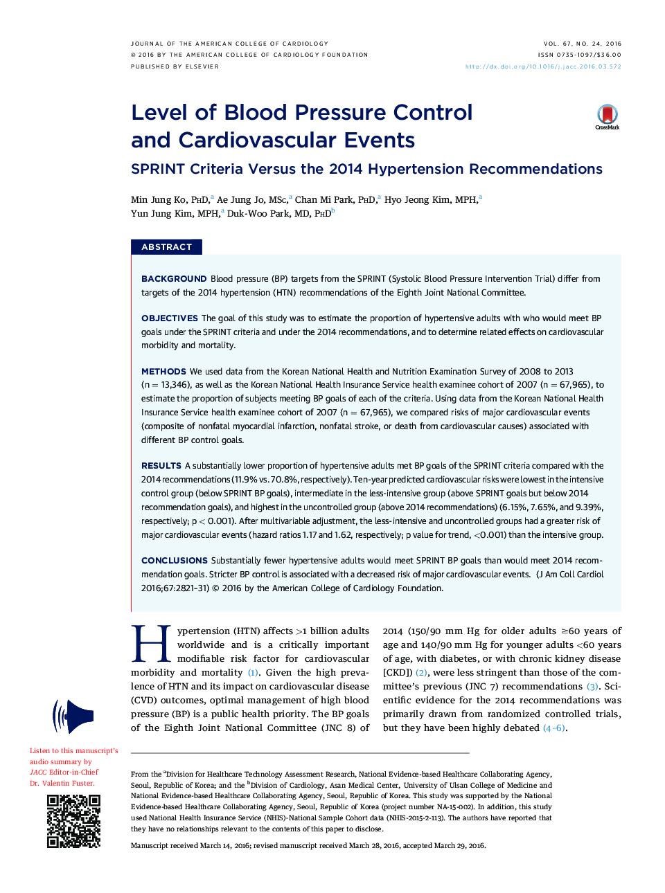 Level of Blood Pressure Control and Cardiovascular Events : SPRINT Criteria Versus the 2014 Hypertension Recommendations