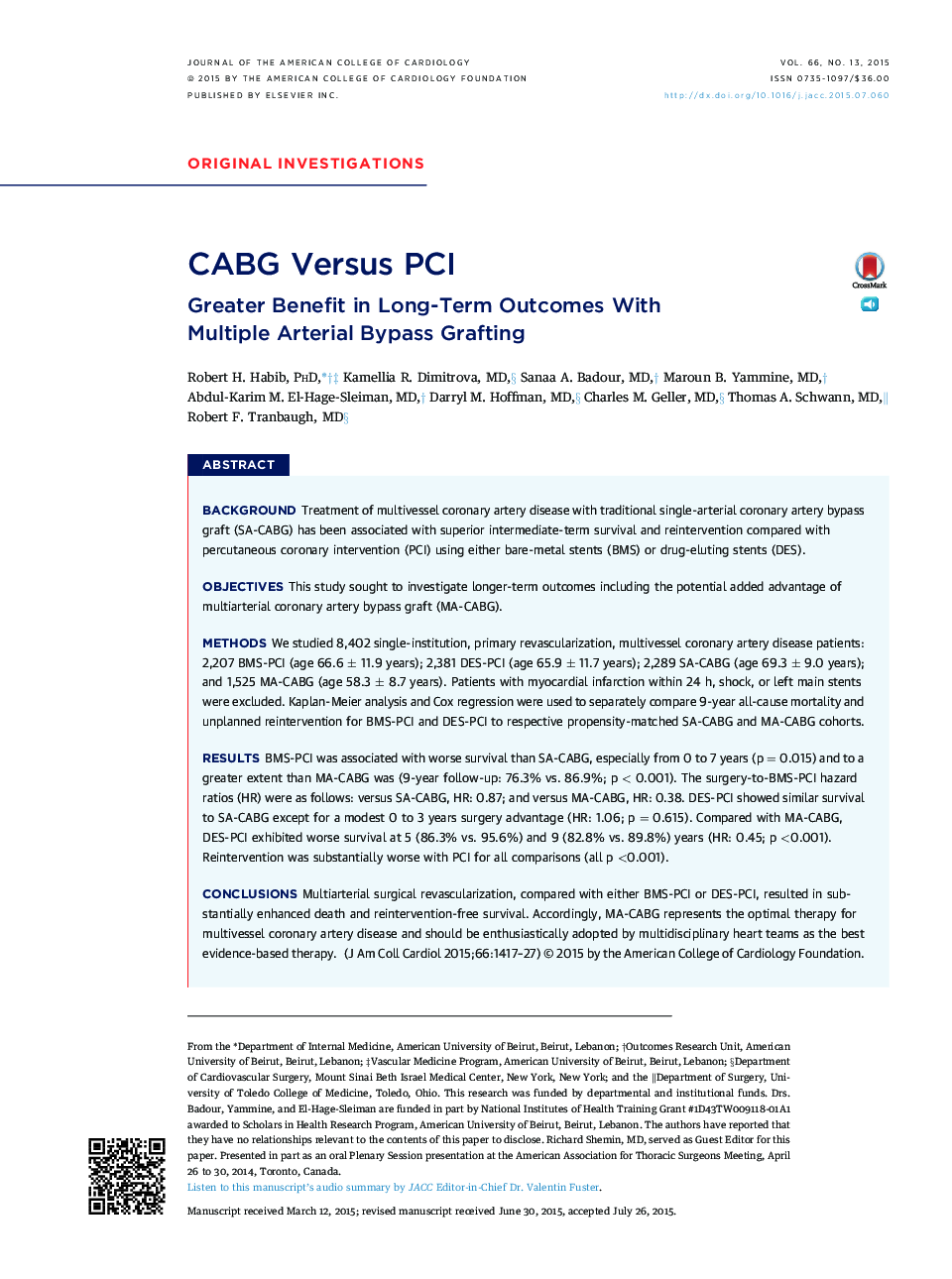 CABG Versus PCI : Greater Benefit in Long-Term Outcomes With Multiple Arterial Bypass Grafting